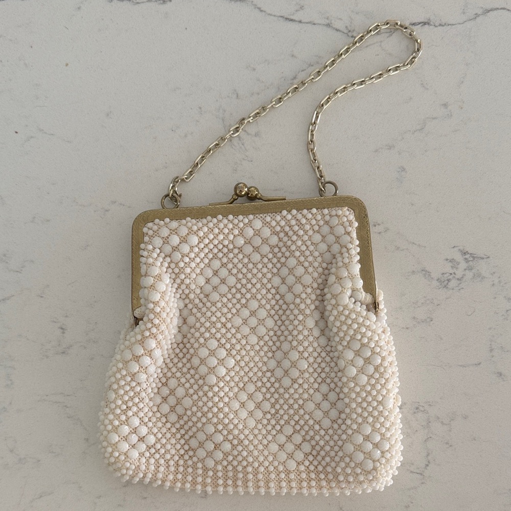 Vintage Beaded Cream Wristlet Bag with Chain Strap